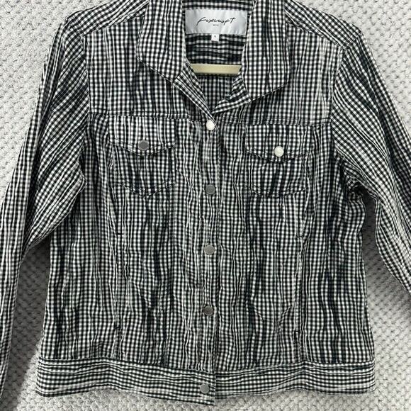 Foxcroft Jacket Women S Crinkled 3D Black White Gingham Checked Snap Button - Picture 3 of 14